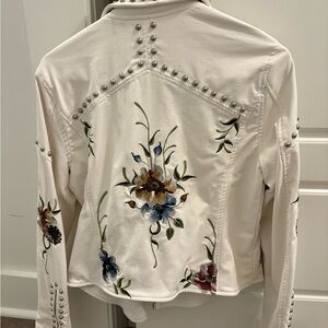 Blank NYC White Faux Leather Jacket with Floral Embroidery